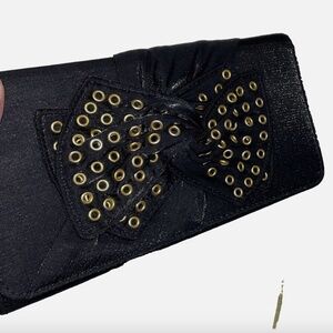 NINA Black Satin Evening Bag Riveted Bow  & Gold Chain Vintage